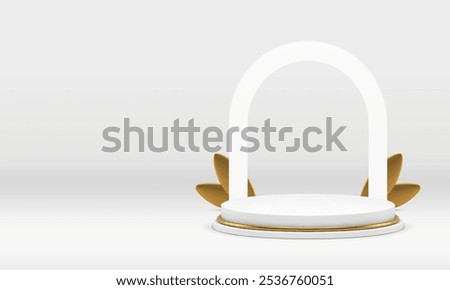 3d white cylinder podium with arch wall background for luxury show realistic vector illustration. Light elegant pedestal with golden decorative element and archway for product presentation