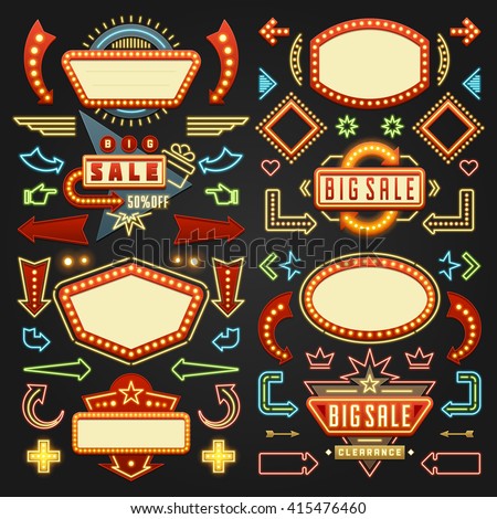 Retro American 1950s Sign Design Elements Set. Billboard Signage Light Bulbs, Frames, Arrows, Icons, Neon Lamps. For advertising, Poster Retro Sign. Vector Illustration.
