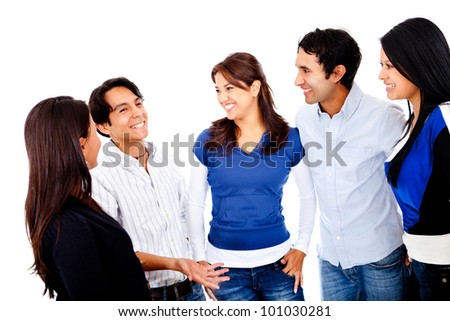 Group of young people talking - isolated over a white background