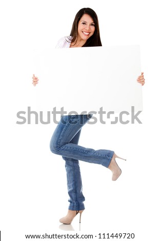 Excited woman with a banner ad - isolated over a white background