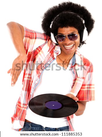 Happy DJ remixing music - isolated over a white background