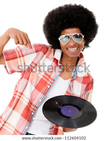 Happy DJ with a disco style - isolated over a white background