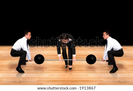 teamwork business power - two guys helping a female business woman lifting weights