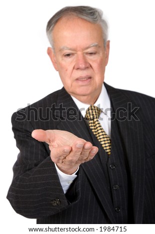 business male senior holding something on his hand over white