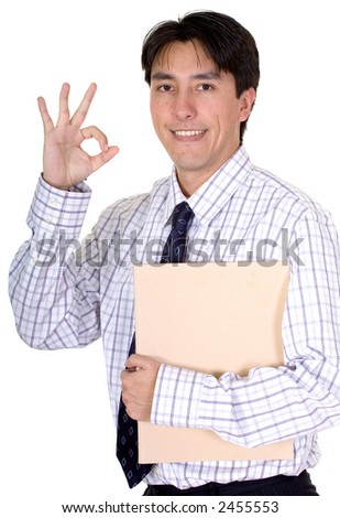 business man doing a good job signal with his hand over a white background