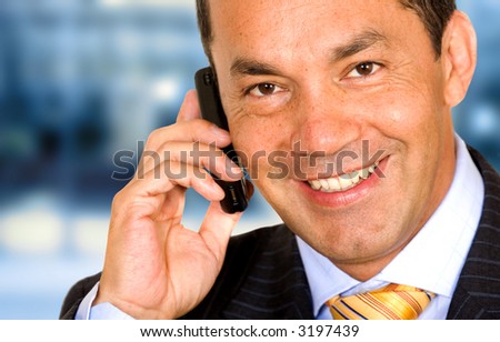 Business man on the phone in an office over a blue background
