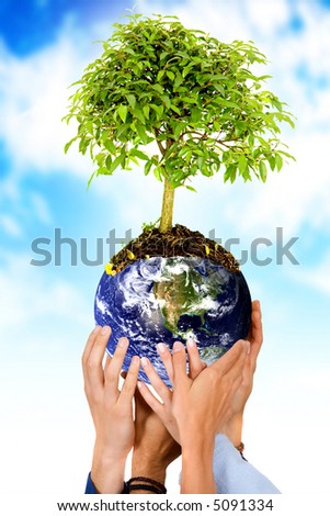 together protecting the planet - hands holding the earth with a tree over a blue sky in the background