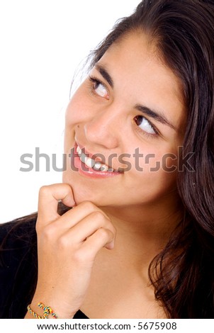 girl dreaming away and smiling isolated over a white background