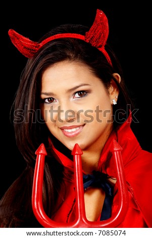 female red devil girl standing isolated over a black background