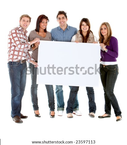group of cheerful people holding a banner ad isolated