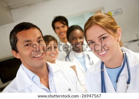 Group of friendly doctors at a hospital