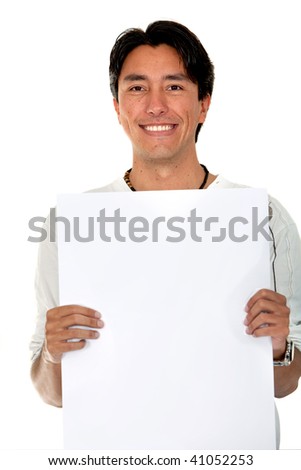 casual man displaying a banner ad isolated over a white background