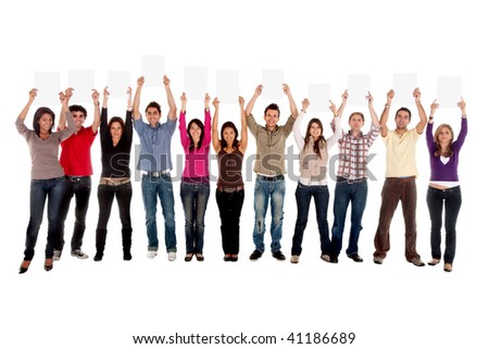 Group of casual people isolated holding white cardboards to fill in