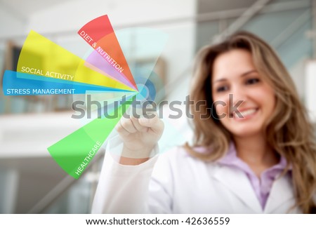Female doctor showing tips to stay healthy inside focus on the diagram
