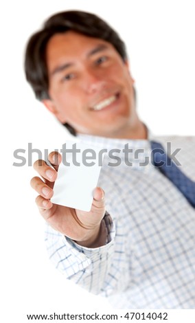 Man displaying a business card isolated over a white background