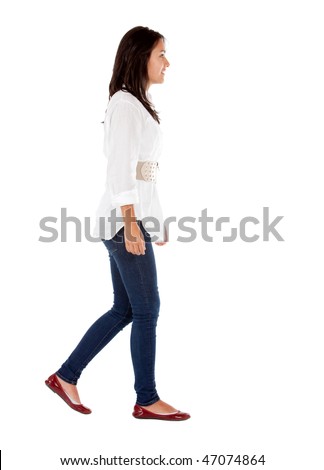 Casual Girl Walking Isolated Over A White Background - Side View Stock ...