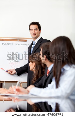 Man in a business meeting displaying the performance of a company