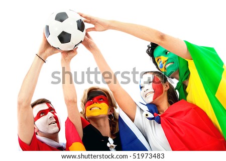 Group of football fans holding a soccer ball with their faces painted - Isolated over white