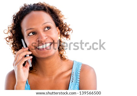 Woman talking on the phone - isolated over a white background