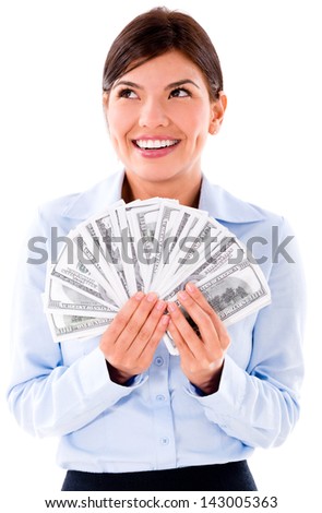 Thoughtful business woman thinking how to spend money - isolated over white
