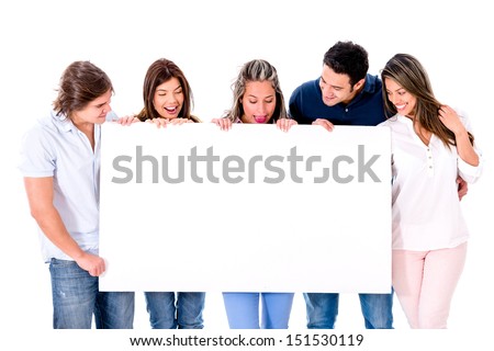 Casual group of people holding a banner - isolated over white