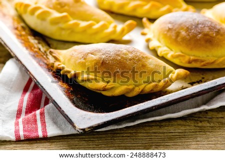 Empanadas ,traditional Argentina pies. style vintage. selective focus. the image is tinted