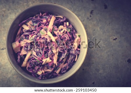 salad Cole slaw  from a red cabbage. American cuisine. style vintage. selective focus. the image is tinted