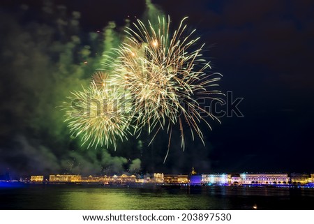 The fireworks and a laser show in the waters of the Neva River in St. Petersburg at the Festival \