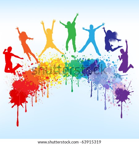 Colorful bright ink splashes and kids jumping on blue background