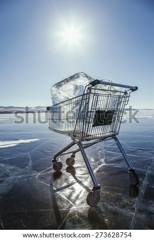 Pure ice of Lake Baikal in the shopping cart outdoors