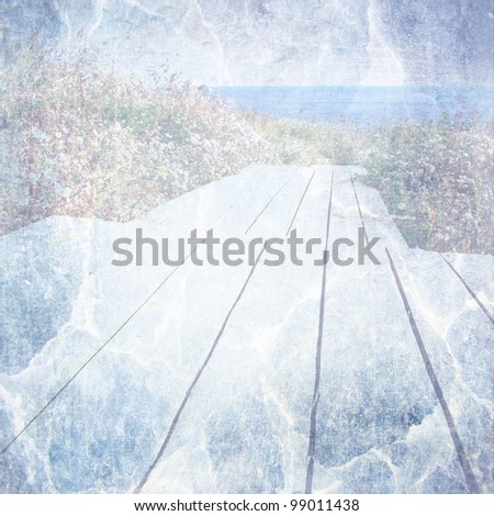 The road from the wooden planks to the sea. Textured background image for the photo album, photo book