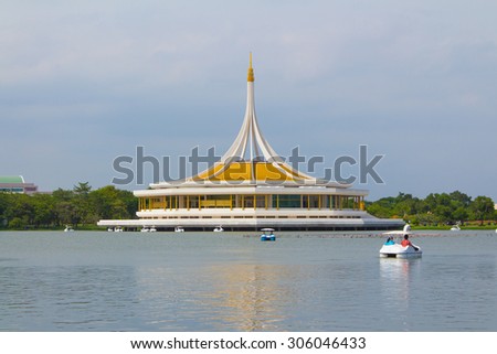 BANGKOK, THAILAND - August 12 : Unidentified people enjoy their resting on swan boat in the lake of Suanluang RAMA IX public park on August 12, 2015 in Bangkok, Thailand.