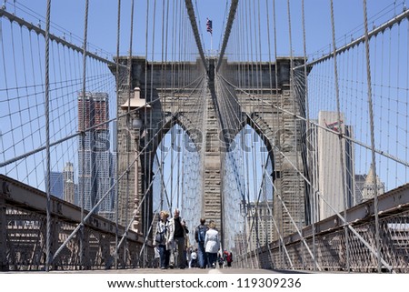 NEW YORK CITY, NY - MAY 10: View of the Brooklyn Bridge pedestrian walkway in New York City, New York, U.S., on Monday, May 10, 2010.