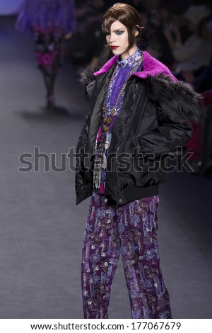 NEW YORK - FEBRUARY 12 2014: Meghan Collison walks the runway during Anna Sui Fall 2014 fashion show at New York Mercedes - Benz Fashion Week