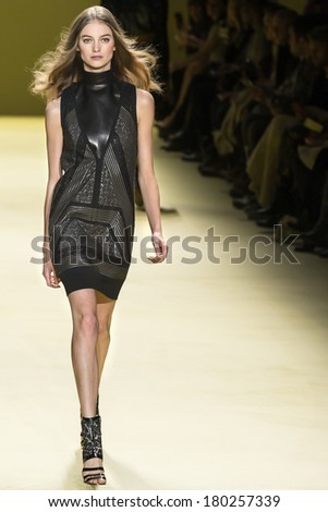 NEW YORK - FEBRUARY 13 2014: Iris Van Berne walks the runway during the J Mendel Fall 2014 fashion show at New York Mercedes - Benz Fashion Week