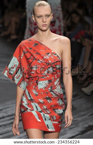 NEW YORK, NY - SEPTEMBER 11, 2014: Juliana Schurig walks the runway at J Mendel fashion show during Mercedes-Benz Fashion Week Spring 2015 at The Theatre at Lincoln Center