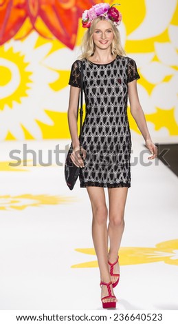 NEW YORK - SEPTEMBER 04 2014: Eva Staudinger walks the runway at Desigual Spring 2015 Ready-to-Wear Show during Mercedes-Benz Fashion Week at Lincoln Center