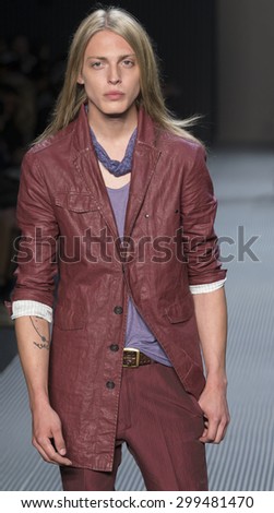 NEW YORK, NY - JULY 16, 2015: Erik Andersson walks the runway at the John Varvatos S/S 2016 show during the New York Fashion Week: Men\'s at Skylight Clarkson Sq