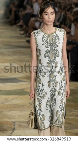 New York City, USA - September 15, 2015: Dylan Xue walks the runway at the Tory Burch fashion show during the Spring Summer 2016 New York Fashion Week at David H. Koch Theater at Lincoln Center