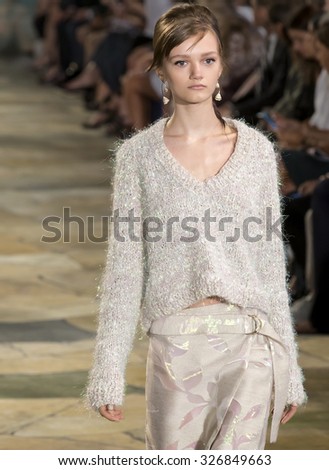 New York City, USA - September 15, 2015: Peyton Knight walks the runway at the Tory Burch fashion show during the Spring Summer 2016 New York Fashion Week at David H. Koch Theater at Lincoln Center