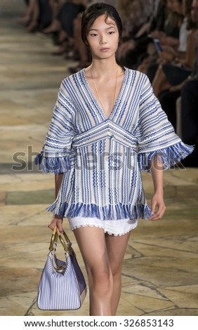 New York City, USA - September 15, 2015: Xiao Wen Ju walks the runway at the Tory Burch fashion show during the Spring Summer 2016 New York Fashion Week at David H. Koch Theater at Lincoln Center