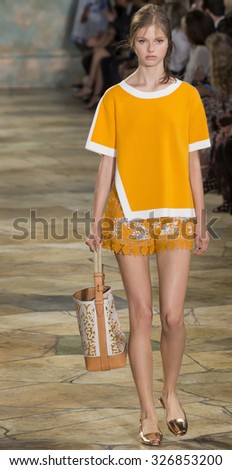 New York City, USA - September 15, 2015: Avery Blanchard walks the runway at the Tory Burch fashion show during the Spring Summer 2016 New York Fashion Week at David H. Koch Theater at Lincoln Center