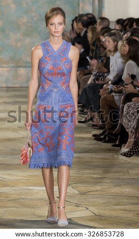 New York City, USA - September 15, 2015: Ine Neefs walks the runway at the Tory Burch fashion show during the Spring Summer 2016 New York Fashion Week at David H. Koch Theater at Lincoln Center
