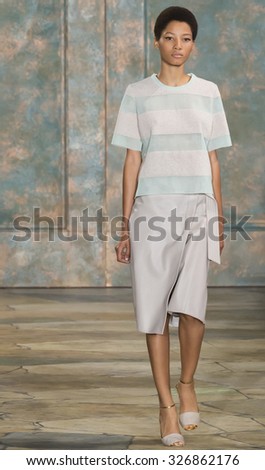 New York City, USA - September 15, 2015: Lineisy Montero walks the runway at the Tory Burch fashion show during the Spring Summer 2016 New York Fashion Week at David H. Koch Theater at Lincoln Center