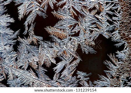 close-up of frost on the window in the winter