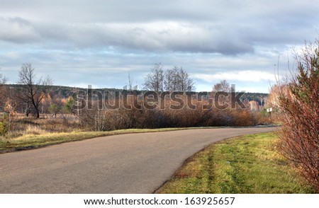 autumn landscape of desert road near the forest and frost on the grass on a cold morning