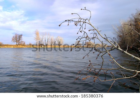 beautiful autumn landscape calm river trees without leaves and cloudy sky in sunny day