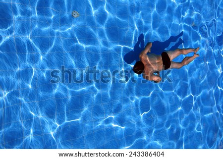 isolated azure water pool and swimmer in the water