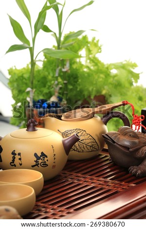 Close-up table for the tea ceremony utensils and bamboo on white background studio