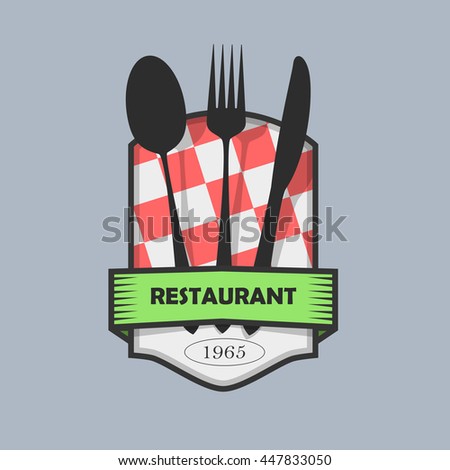 Logo italian restaurant: kitchen cutlery on shield with red checkered background.